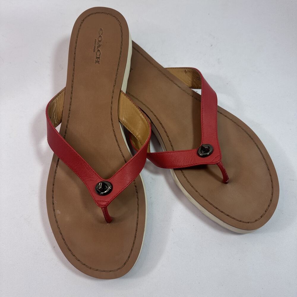 Coach Shelly Sandals Red Brown Turnlock Flip Flop Beach Leather US 11 B